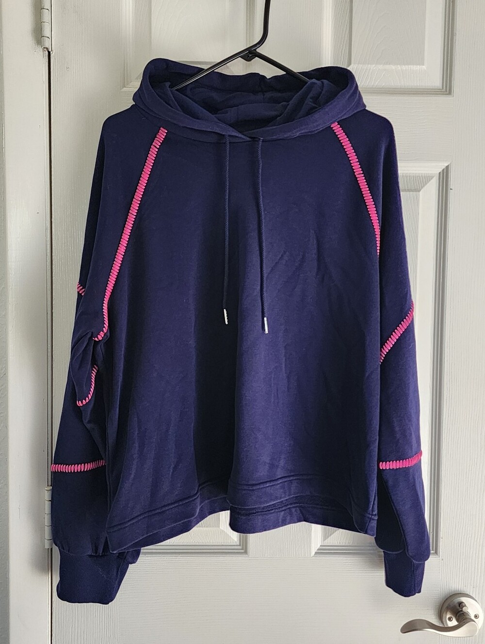 EVEREVE Navy Blue Pink Stitch Oversized Hoodie Sweatshirt XL French Terry